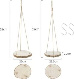 Set Van 2 Boomstam Rond Wandrek Plantenhangers - Boho Jute Houten Plantenrek - Hangpot Voor Binnen/Buiten - Hangende Bloempot Plank - Hangplant Houder - Bohemian Macrame Stijl Wandhanger - Hangplank Plant Hanger - Planthanger - Ø Rond 25-20cm -Tuin En Buiten 1121x1200 1