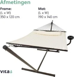 Vita5 Hangmat Met Standaard En Spreidstok – 2 Persoons – Incl. Bekerhouder - Afneembaar Kussen – Uv-bestendig – Beige -Tuin En Buiten 1152x1200