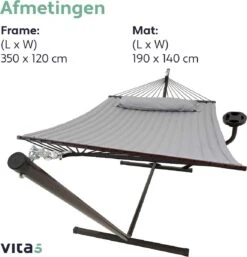 Vita5 Hangmat Met Standaard En Spreidstok – 2 Persoons – Incl. Bekerhouder - Afneembaar Kussen – Uv-bestendig – Lichtgrijs -Tuin En Buiten 1153x1200