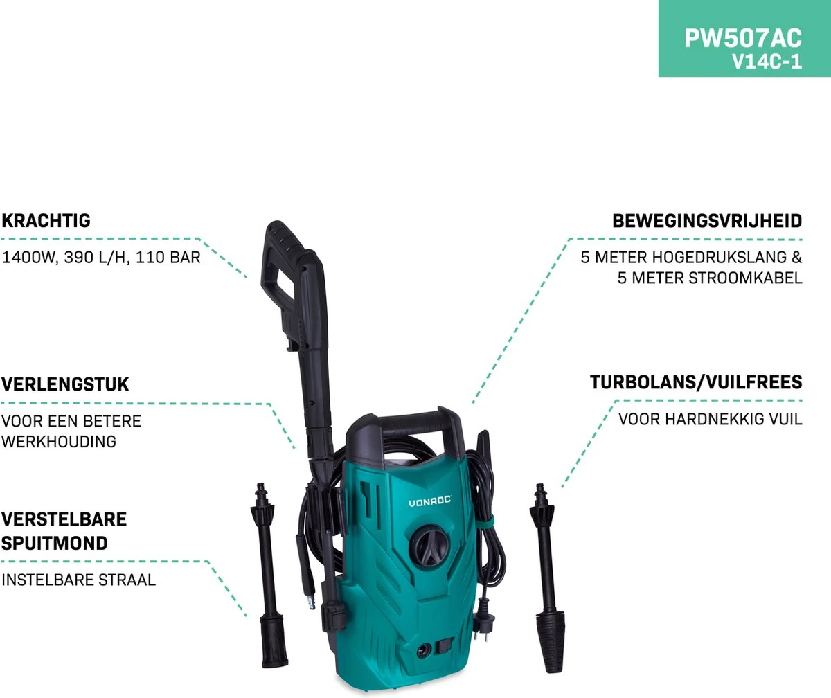 VONROC Hogedrukreiniger V14C-1 - 1400W – 110 Bar – 390 L/h – Compact - Incl. 5m Slang, Spuitstukken En Accessoires 3 VONROC Hogedrukreiniger V14C-1 - 1400W – 110 Bar – 390 L/h – Compact - Incl. 5m Slang, Spuitstukken En Accessoires - Afbeelding 3