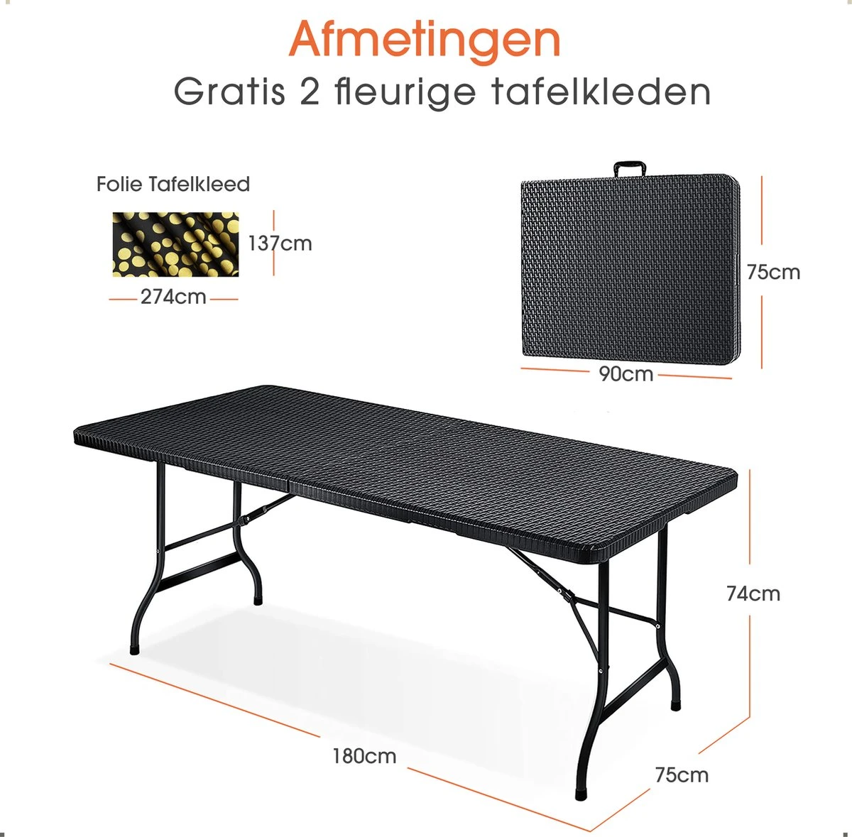 Lenx Klaptafel - Inklapbare Tafel - Opvouwbare Tuintafel - Vouwtafel - Inclusief Handvat En 2 Tafelkleden - 180x75x74cm - 6 Tot 8 Personen 5 Lenx Klaptafel - Inklapbare Tafel - Opvouwbare Tuintafel - Vouwtafel - Inclusief Handvat En 2 Tafelkleden - 180x75x74cm - 6 Tot 8 Personen - Afbeelding 5