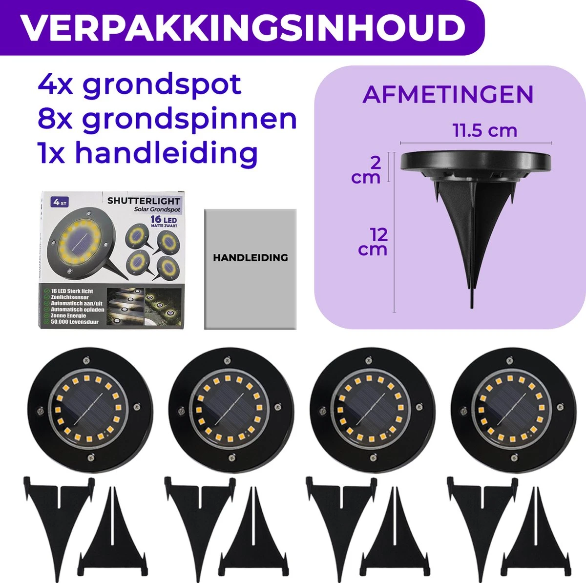 Shutterlight® 16 LED Solar Grondspot - Tuinverlichting - Zonlichtsensor - Zonne-energie - Matte Zwart - Warm Wit Licht - 4 Stuks - Buiten 7 Shutterlight® 16 LED Solar Grondspot - Tuinverlichting - Zonlichtsensor - Zonne-energie - Matte Zwart - Warm Wit Licht - 4 Stuks - Buiten - Afbeelding 7