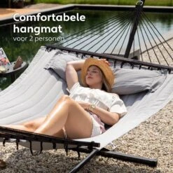 Vita5 Hangmat Met Standaard En Spreidstok – 2 Persoons – Incl. Bekerhouder - Afneembaar Kussen – Uv-bestendig – Lichtgrijs -Tuin En Buiten 1200x1200 45