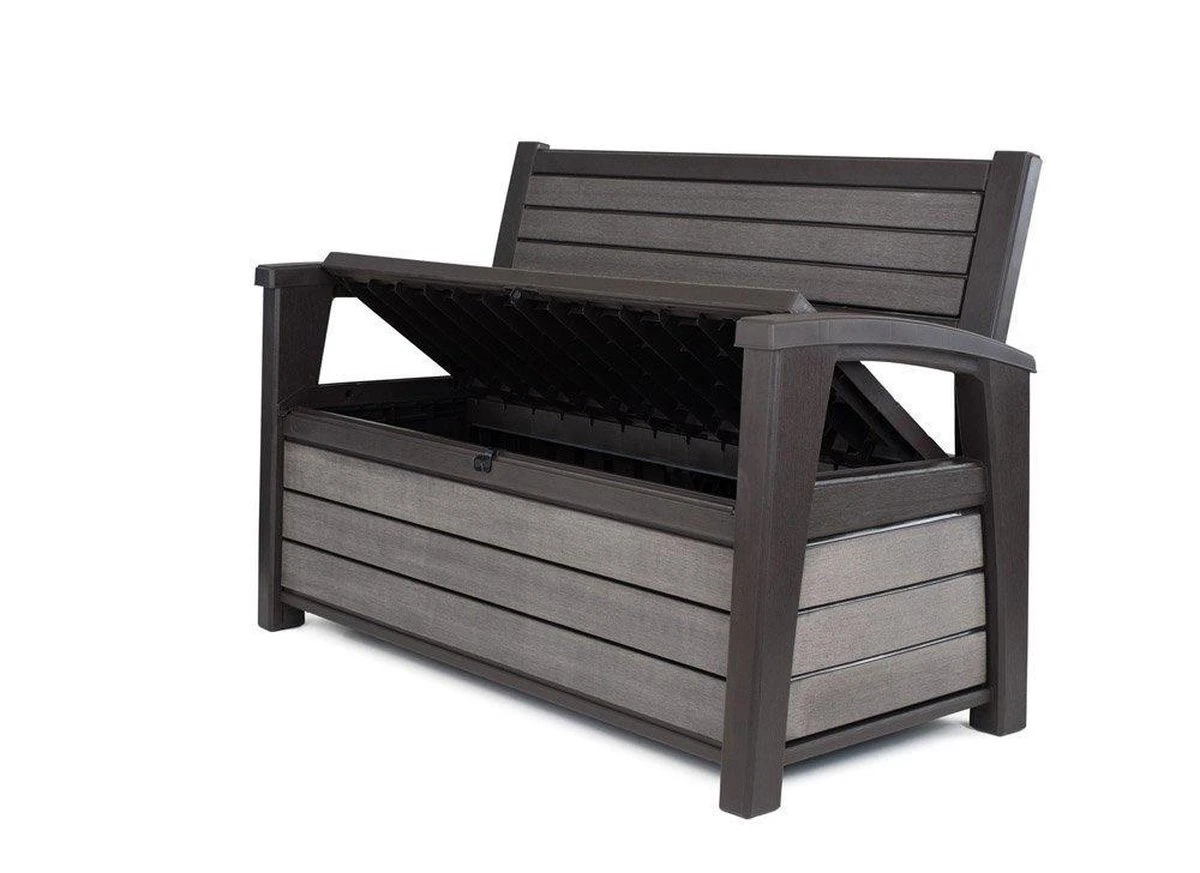 Keter - Hudson Bench Box - 2-zits Bank - Opbergbox - Hout Look & Feel - 227L - 138x63x89cm - Antraciet 8 Keter - Hudson Bench Box - 2-zits Bank - Opbergbox - Hout Look & Feel - 227L - 138x63x89cm - Antraciet - Afbeelding 8