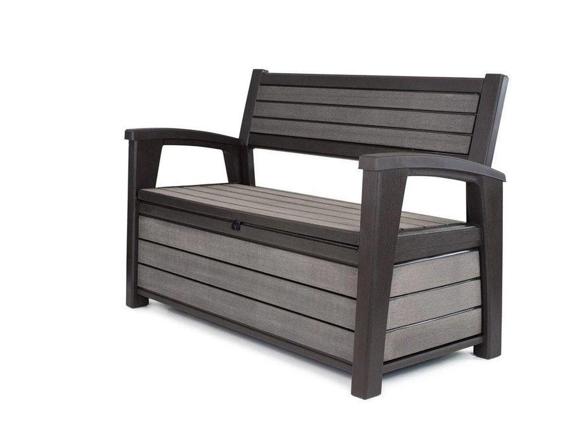 Keter - Hudson Bench Box - 2-zits Bank - Opbergbox - Hout Look & Feel - 227L - 138x63x89cm - Antraciet 1 Keter - Hudson Bench Box - 2-zits Bank - Opbergbox - Hout Look & Feel - 227L - 138x63x89cm - Antraciet