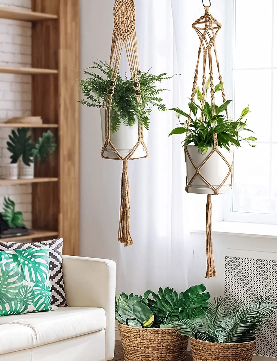 4 Stuks Luxe Jute Plantenhangers - Boho Handgeweven Katoen Hangpot Voor Binnen/Buiten - Hangende Bloempot Met Kralen - Macramé Touw/Koord Hangplant Houder - Bohemian Wandhanger Decoratie - Plant Hanger - Verticale Tuin Bloempothouder Planthanger 2 4 Stuks Luxe Jute Plantenhangers - Boho Handgeweven Katoen Hangpot Voor Binnen/Buiten - Hangende Bloempot Met Kralen - Macramé Touw/Koord Hangplant Houder - Bohemian Wandhanger Decoratie - Plant Hanger - Verticale Tuin Bloempothouder Planthanger - Afbeelding 2